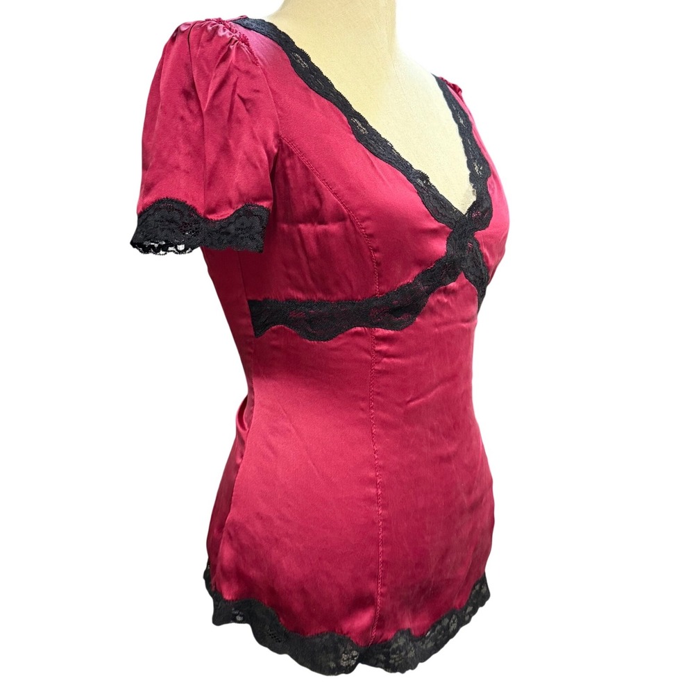WHBM 6 Silk Lace Trim Top V-Neck Red Black Feminine Boudoir Valentines Goth Vamp